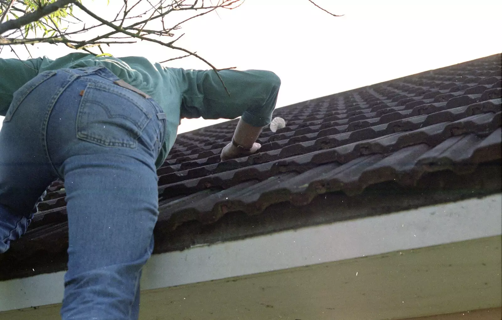 Dh climbs onto the roof for a lost shuttlecock, from The Brome Swan at Keith's 50th, Thrandeston, Suffolk  - June 2nd 1998