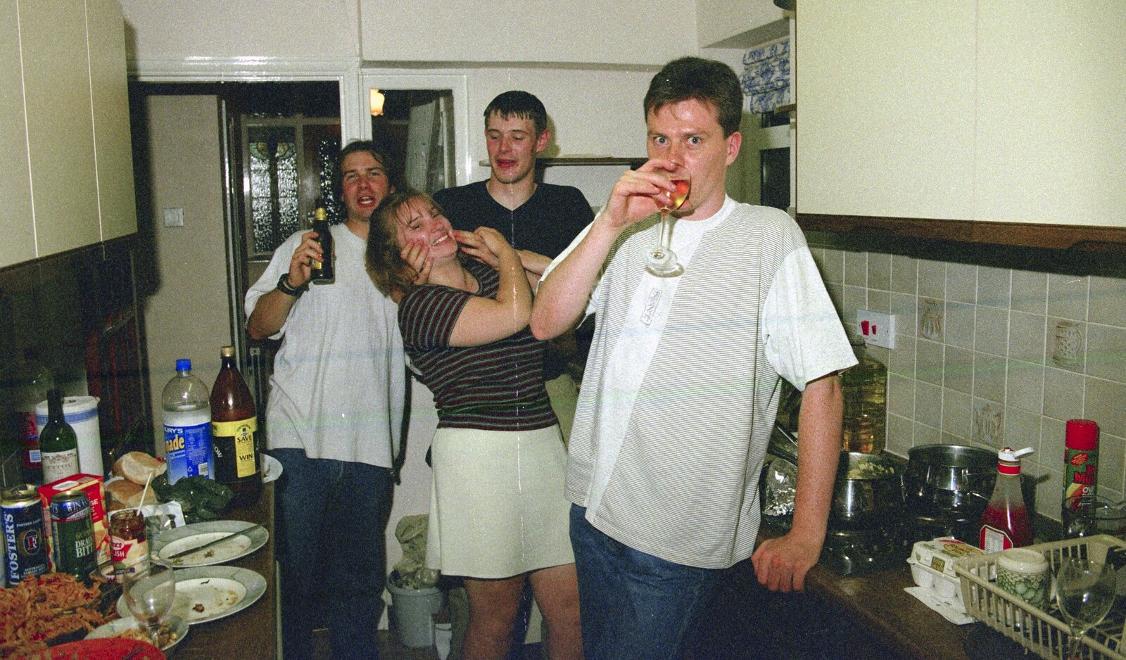 The boys from Ops in the kitchen from Andrew's CISU Party, and Nosher's Garden Barbeque, Ipswich and Brome, Suffolk - June 10th 1998