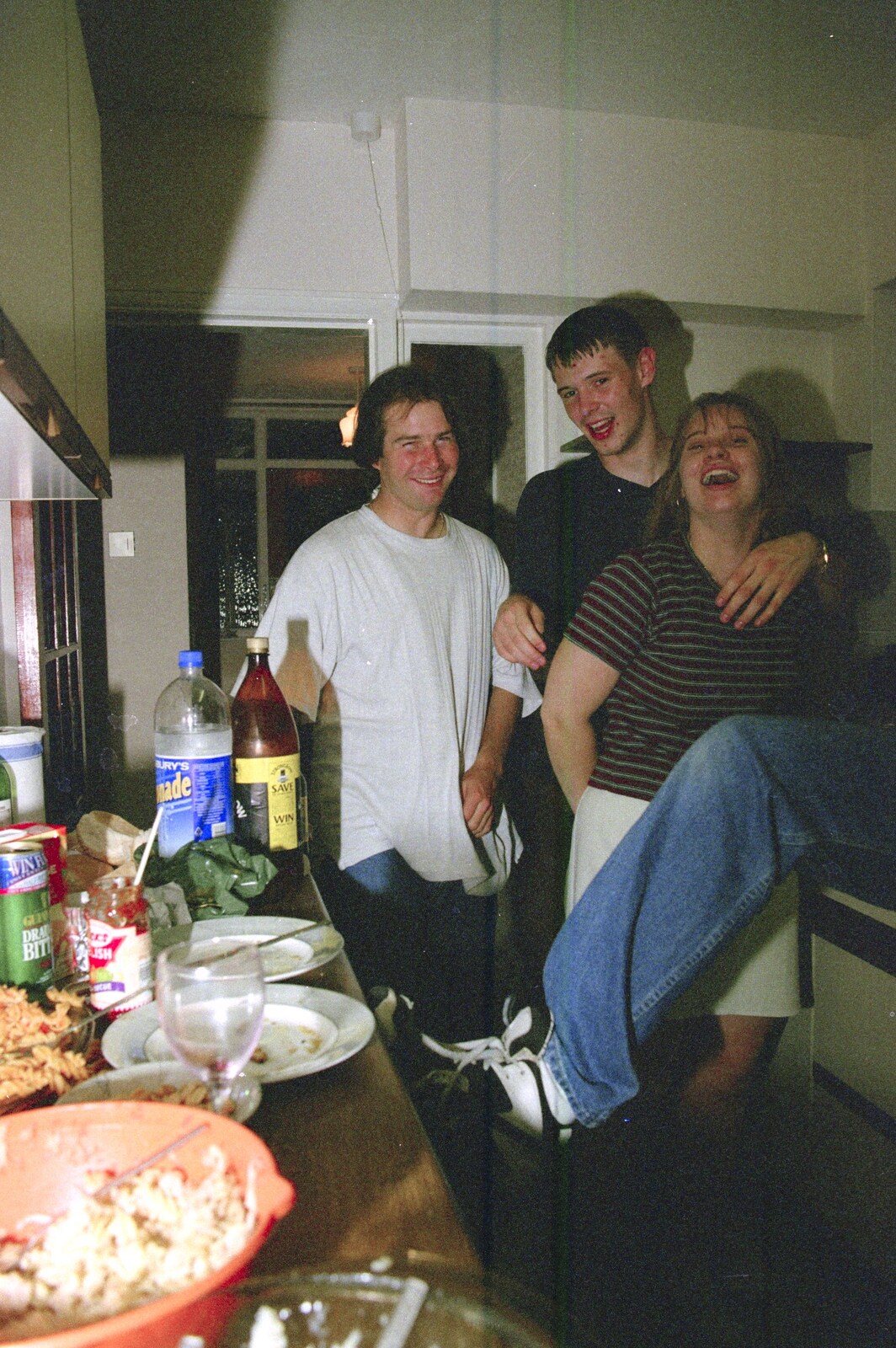 Russell and the gang in Andrew's kitchen from Andrew's CISU Party, and Nosher's Garden Barbeque, Ipswich and Brome, Suffolk - June 10th 1998