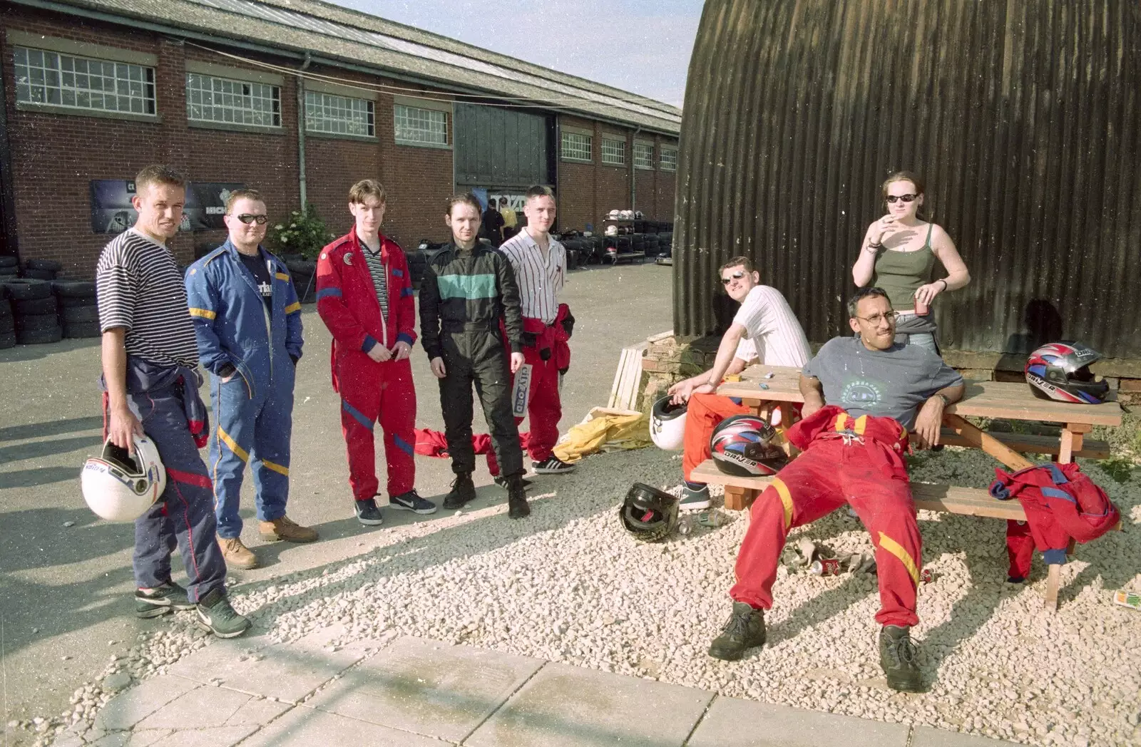 Foxy, Paul, Fenton, Jon, Raj and Fenton's girlfriend, from Hamish's Wine and CISU Go-Karting, Caxton, Cambridge - 23rd June 1998