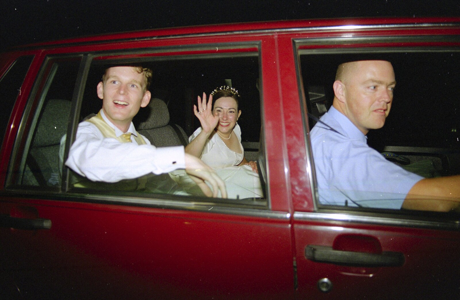 Lesley waves as they're driven away from Joe and Lesley's CISU Wedding, Ipswich, Suffolk - 30th July 1998