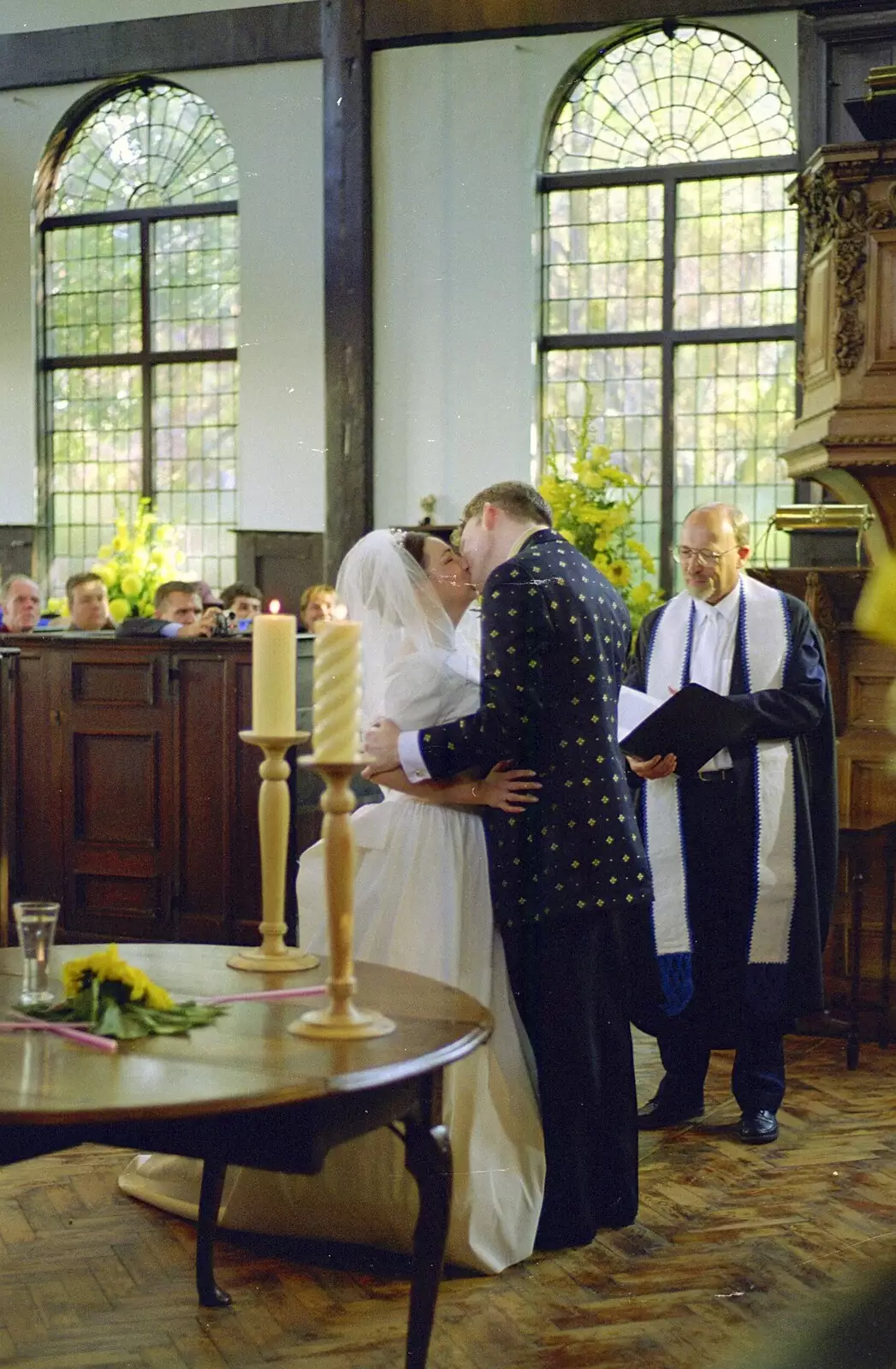 Joe and Lesley do the newly-married snog, from Joe and Lesley's CISU Wedding, Ipswich, Suffolk - 30th July 1998