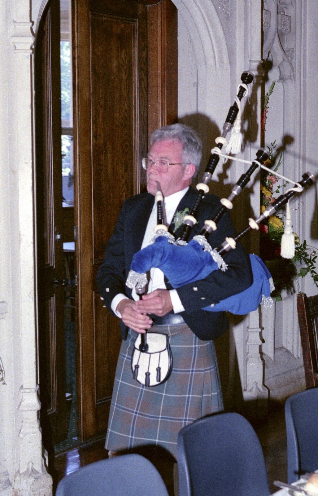 Hamish and Jane's Wedding, Canford School, Wimborne, Dorset - 5th August 1998: Hamish's dad, John, appears with his bagpipes