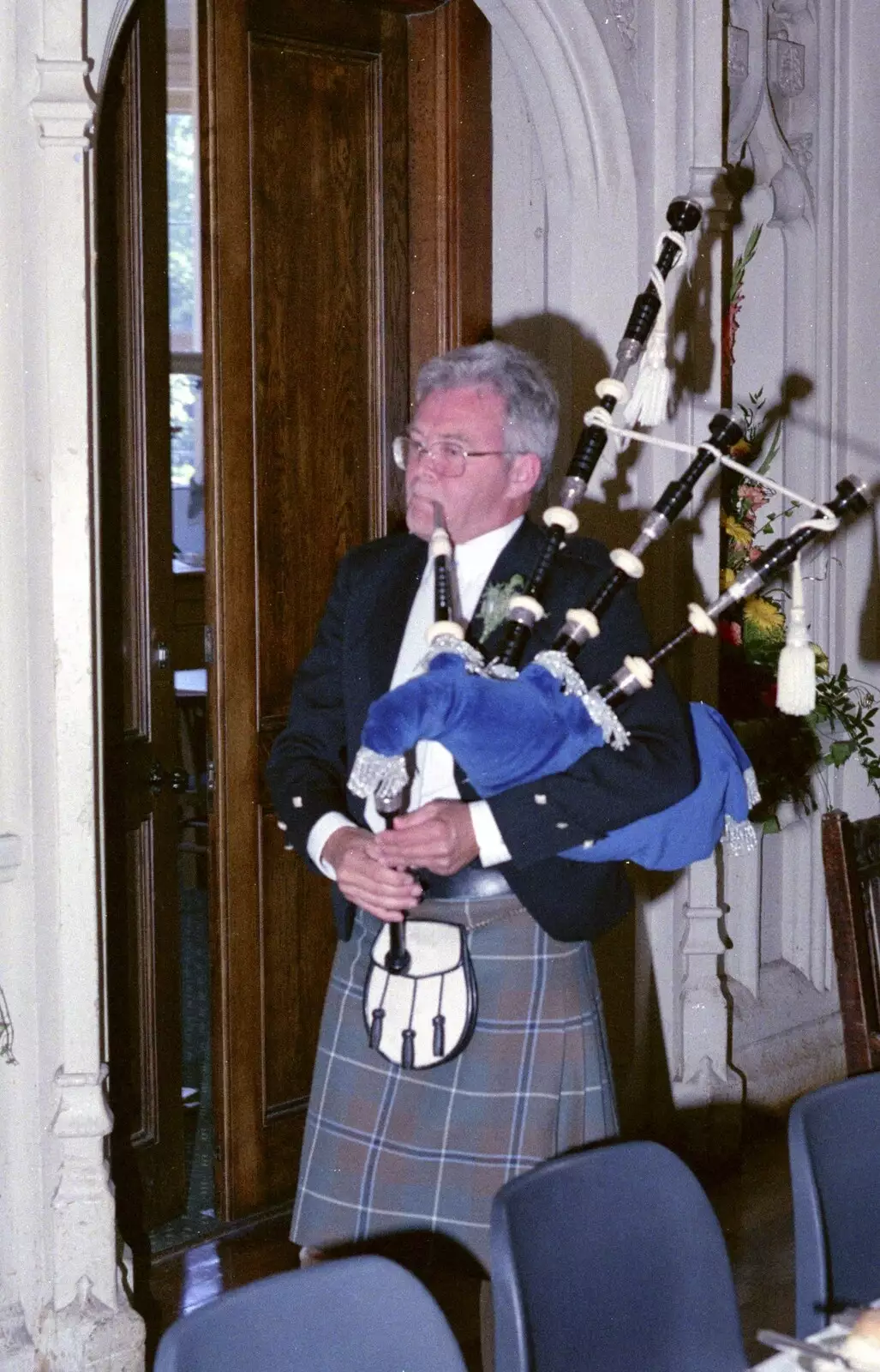 Hamish's dad, John, with his bagpipes, from Hamish and Jane's Wedding, Canford School, Wimborne, Dorset - 5th August 1998