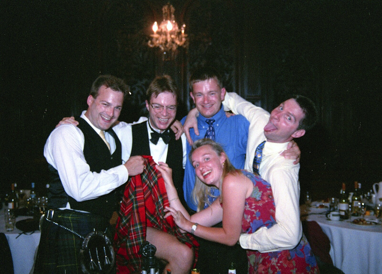 Hamish and Jane's Wedding, Canford School, Wimborne, Dorset - 5th August 1998: Carole has another furtle for Simon Morris's bits, whilst Martin, Nosher and Sean prop him up