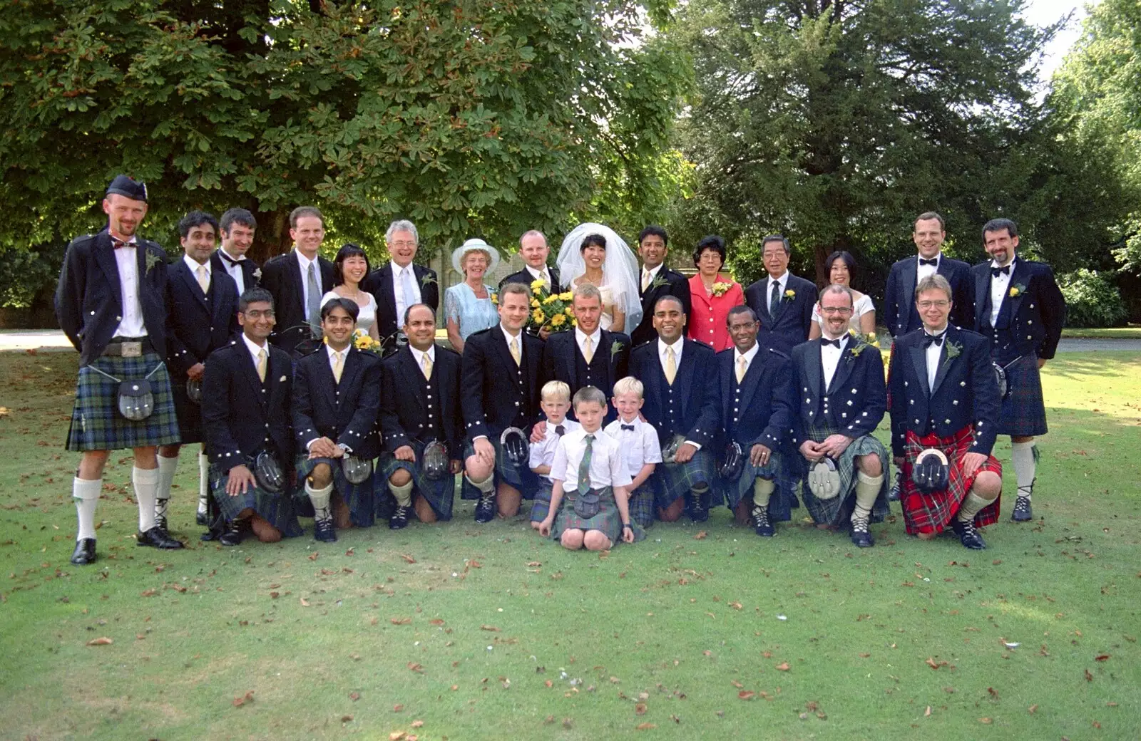 Hamish's family plus men in kilts, from Hamish and Jane's Wedding, Canford School, Wimborne, Dorset - 5th August 1998