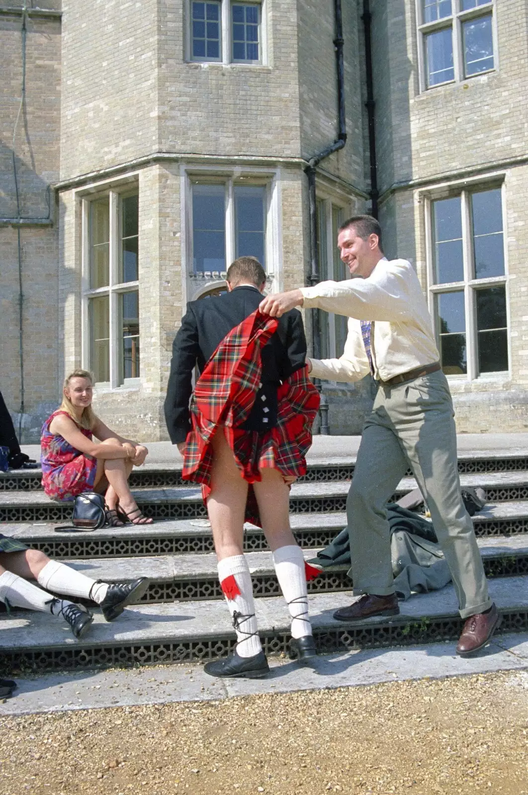 Sean tries to lift up Simon's kilt, from Hamish and Jane's Wedding, Canford School, Wimborne, Dorset - 5th August 1998