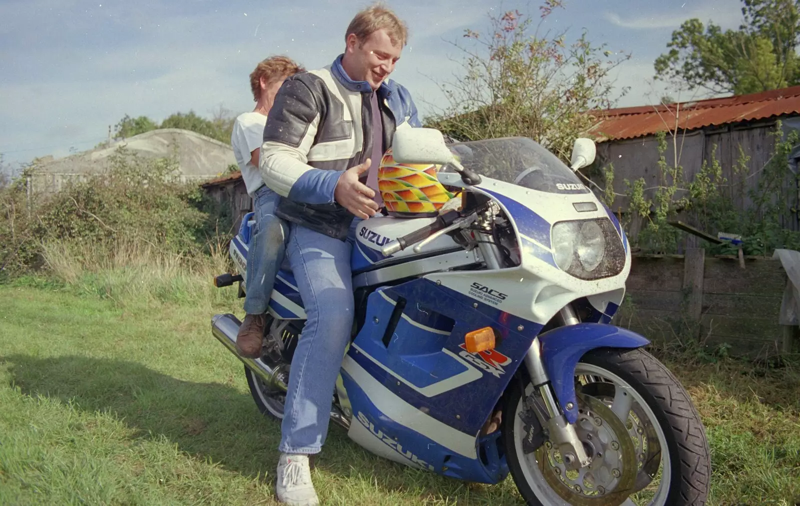 Brenda on the back of a bike, from Cider Making With Geoff and Brenda, Stuston, Suffolk - 10th September 1998