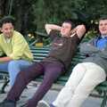 Paul, Jason and Jon on a bench, The CISU Massive do Malaga, Spain - November 14th 1998