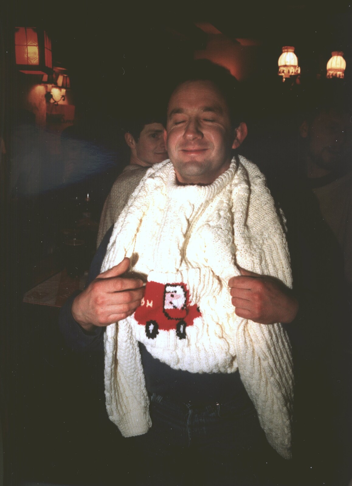 DH tries on his new knitted jumper from Brome Swan Christmas, Suffolk - December 1998