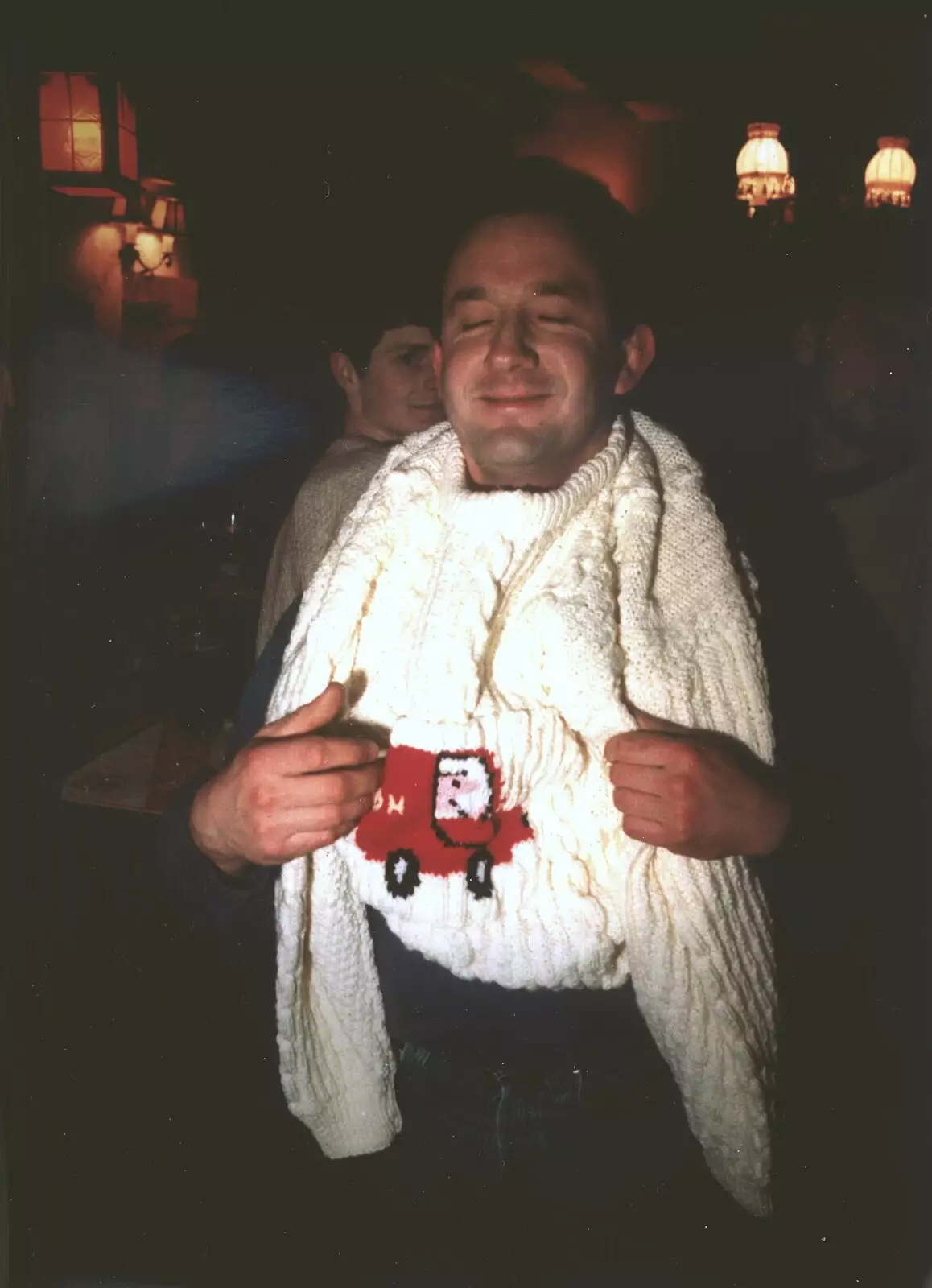 DH tries on his new knitted jumper, from Brome Swan Christmas, Suffolk - December 1998