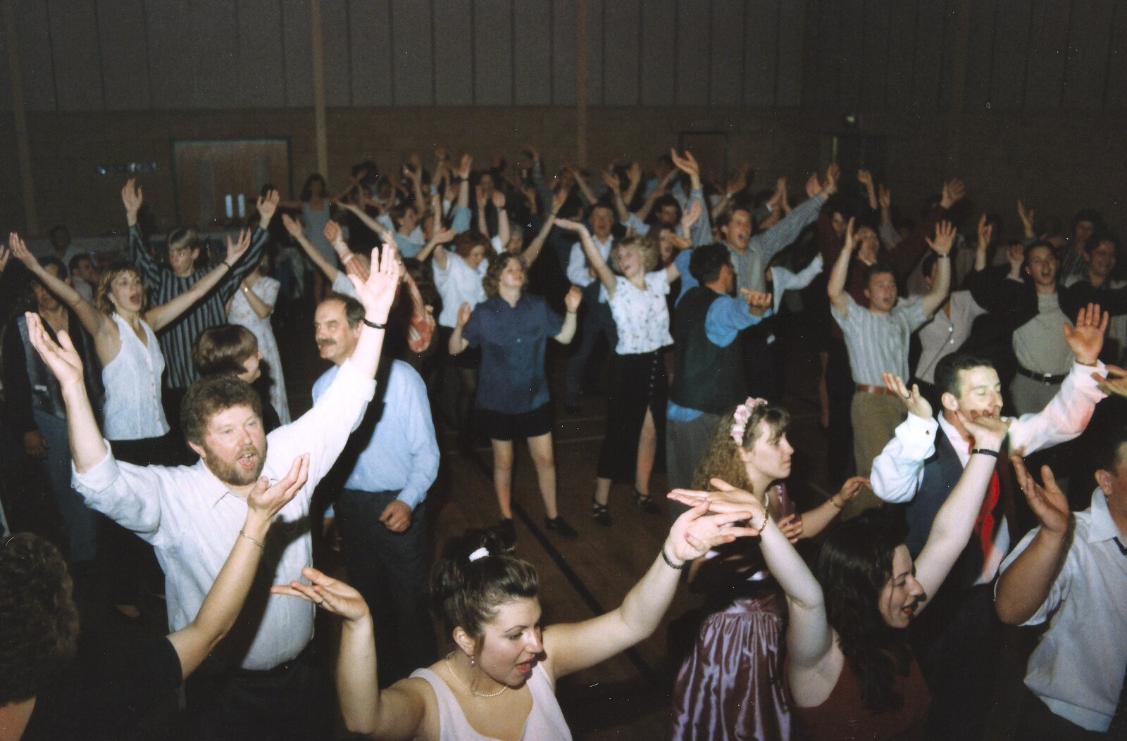 Mass dancing in a sports hall from Debbie's Wedding, Suffolk - 12th June 1999