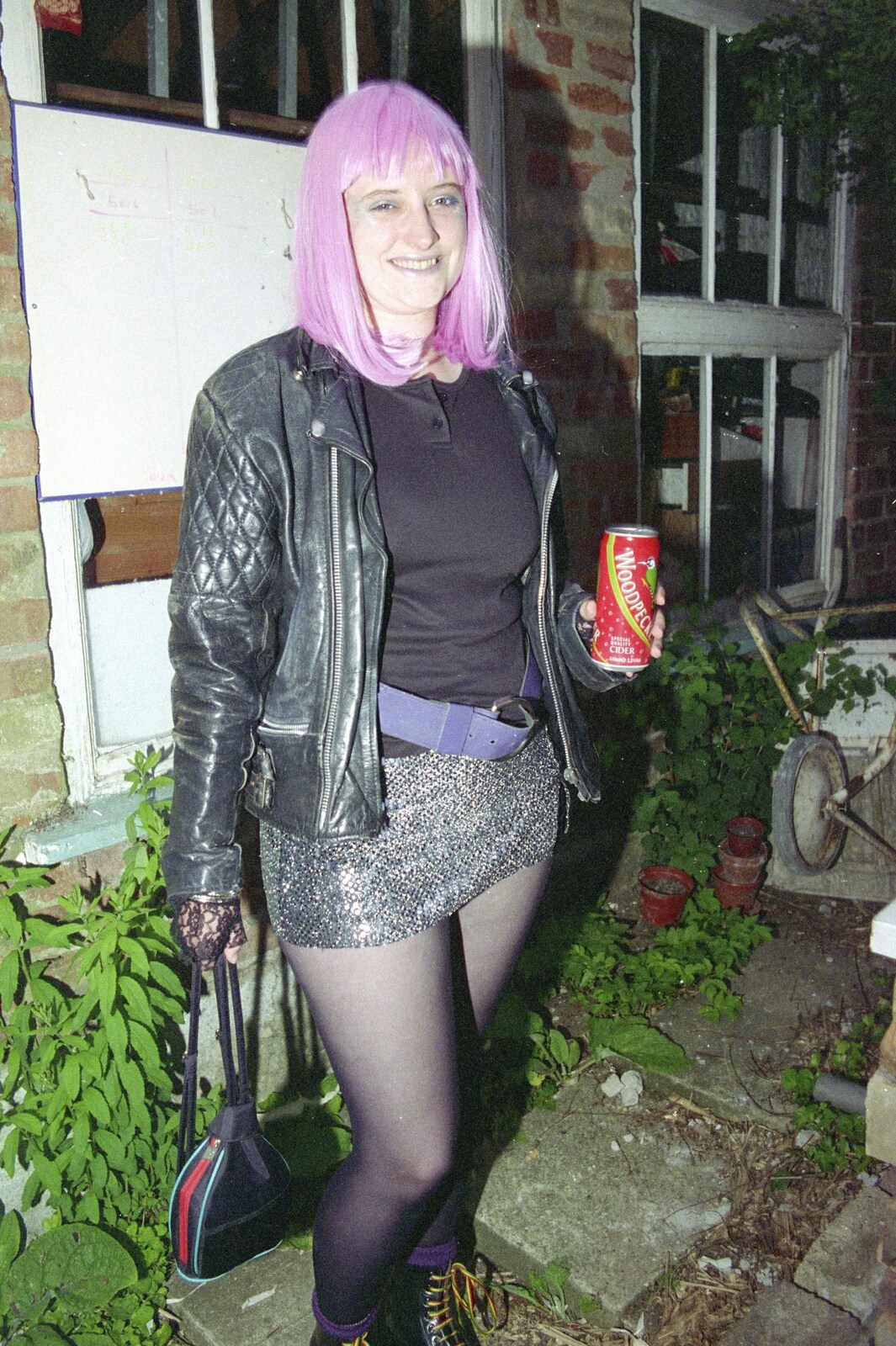 Elen with a can of Woodpecker cider from "Dave's" CISU Fancy Dress Party, Finbar's Walk, Ipswich - 15th September 1999