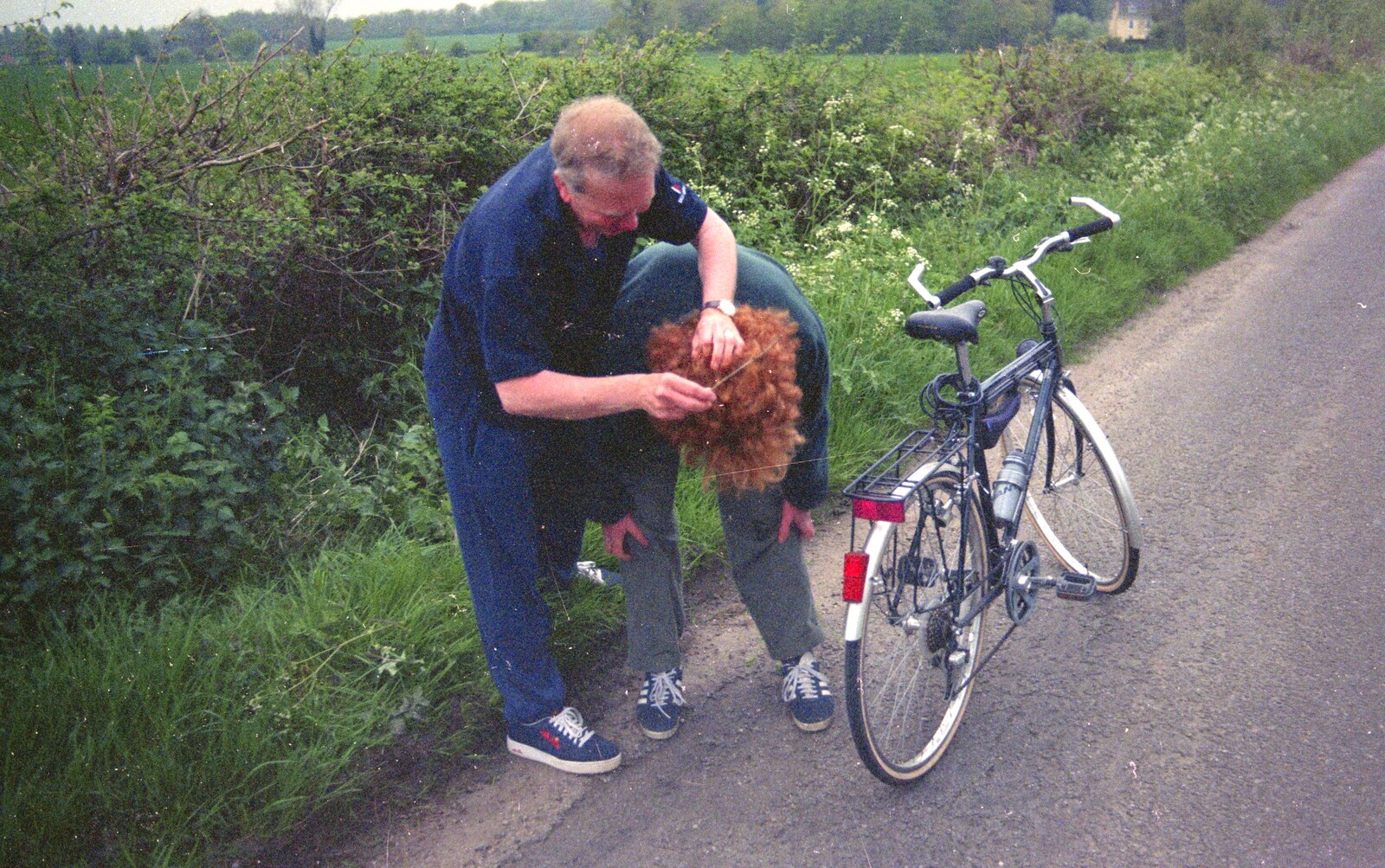 John Willy picks twigs out of Wavy's hair from A BSCC Bike Ride, Brockdish Greyhound and Hoxne Swan, Suffolk - 4th May 2000
