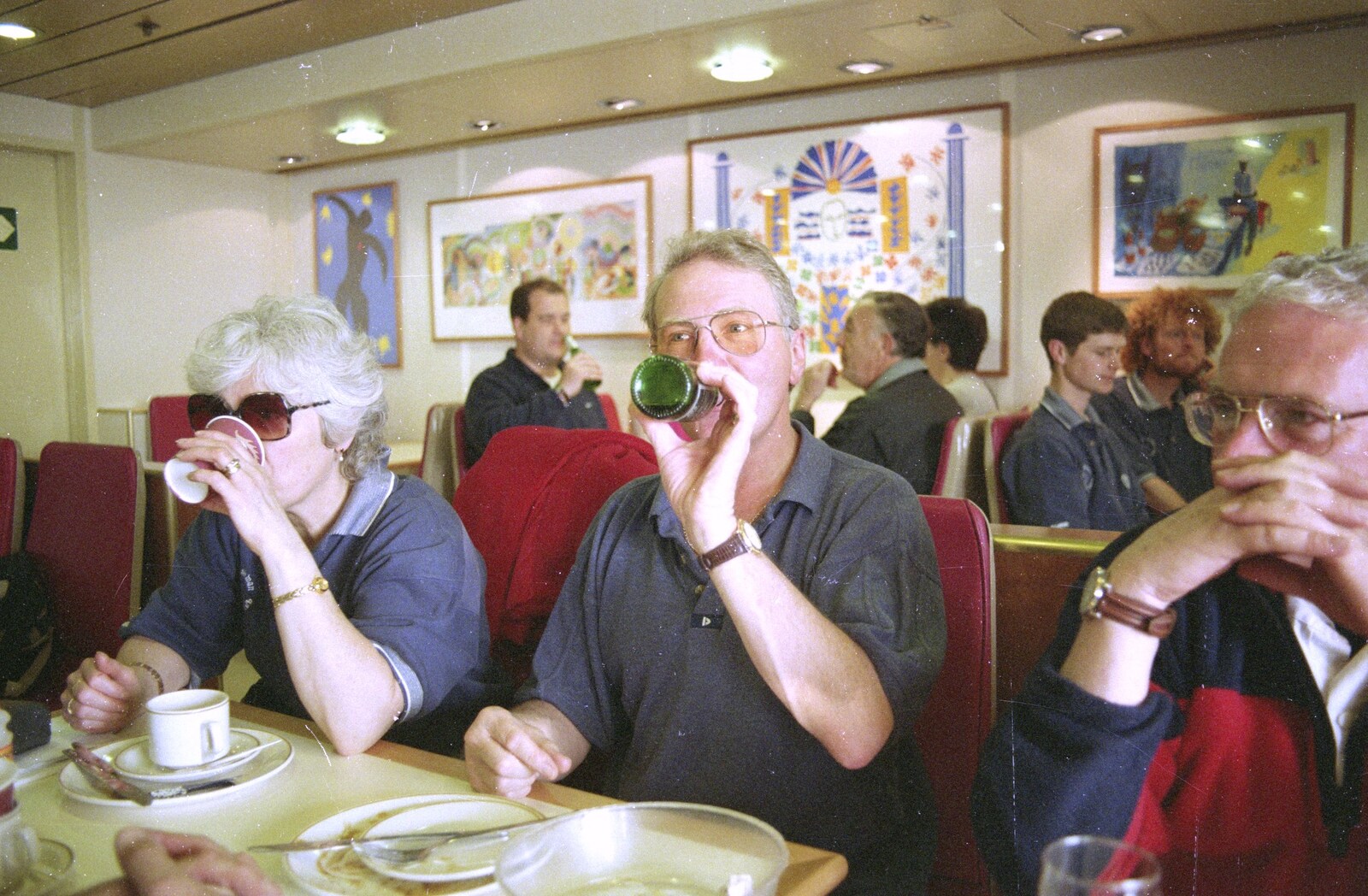 John Willy gets an early beer in on the ferry from A BSCC Bike Ride to Gravelines, Pas de Calais, France - 11th May 2000
