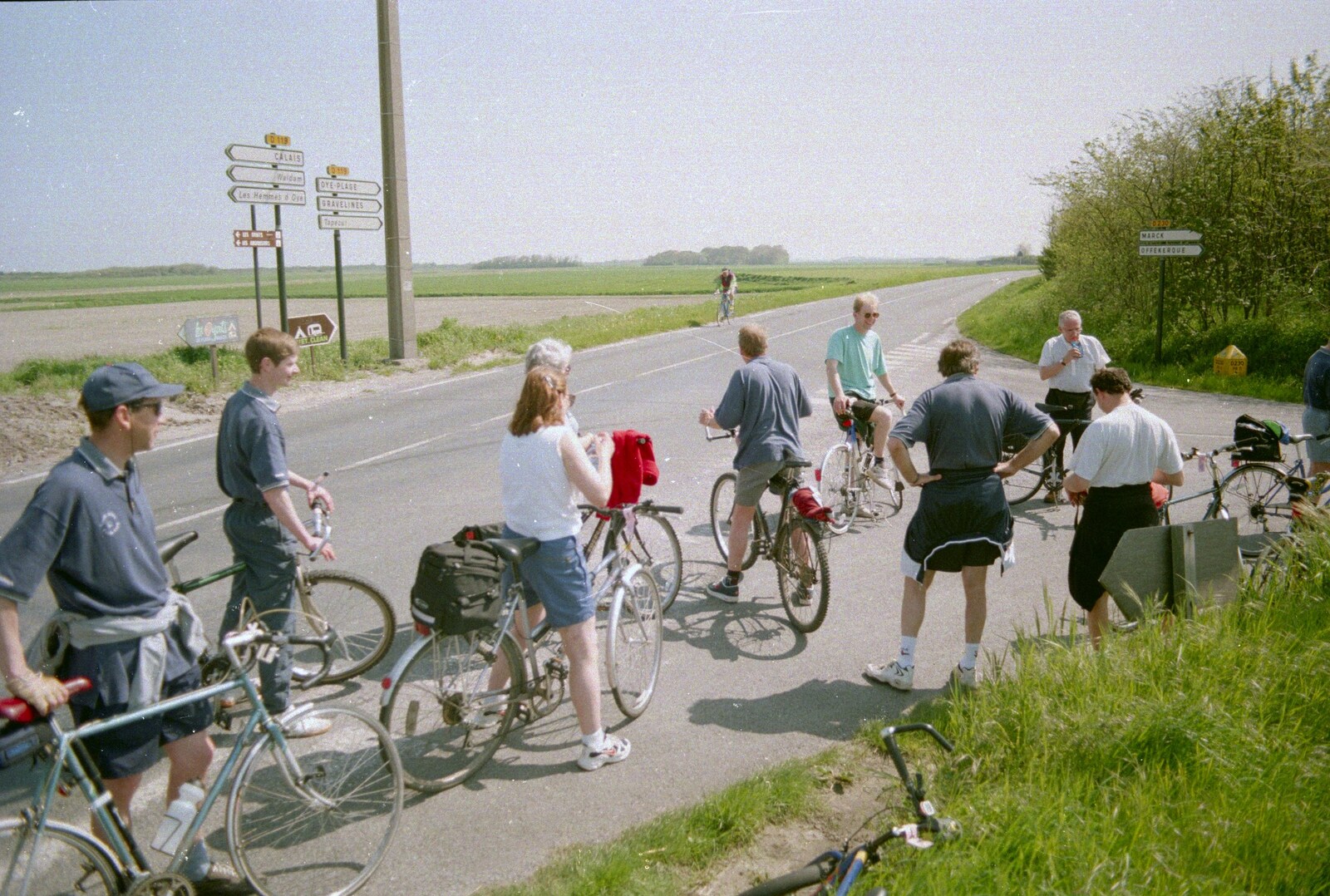A brief pause on the road, just outside Calais from A BSCC Bike Ride to Gravelines, Pas de Calais, France - 11th May 2000