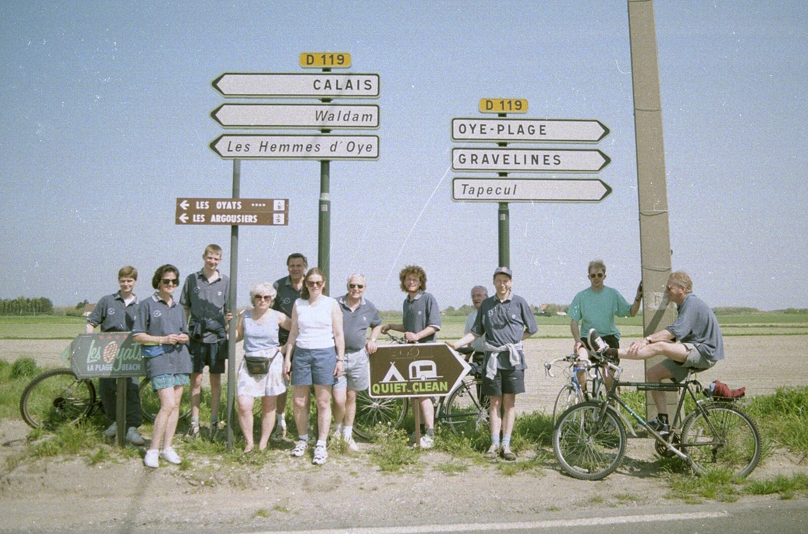 Group photo under the road signs of France from A BSCC Bike Ride to Gravelines, Pas de Calais, France - 11th May 2000