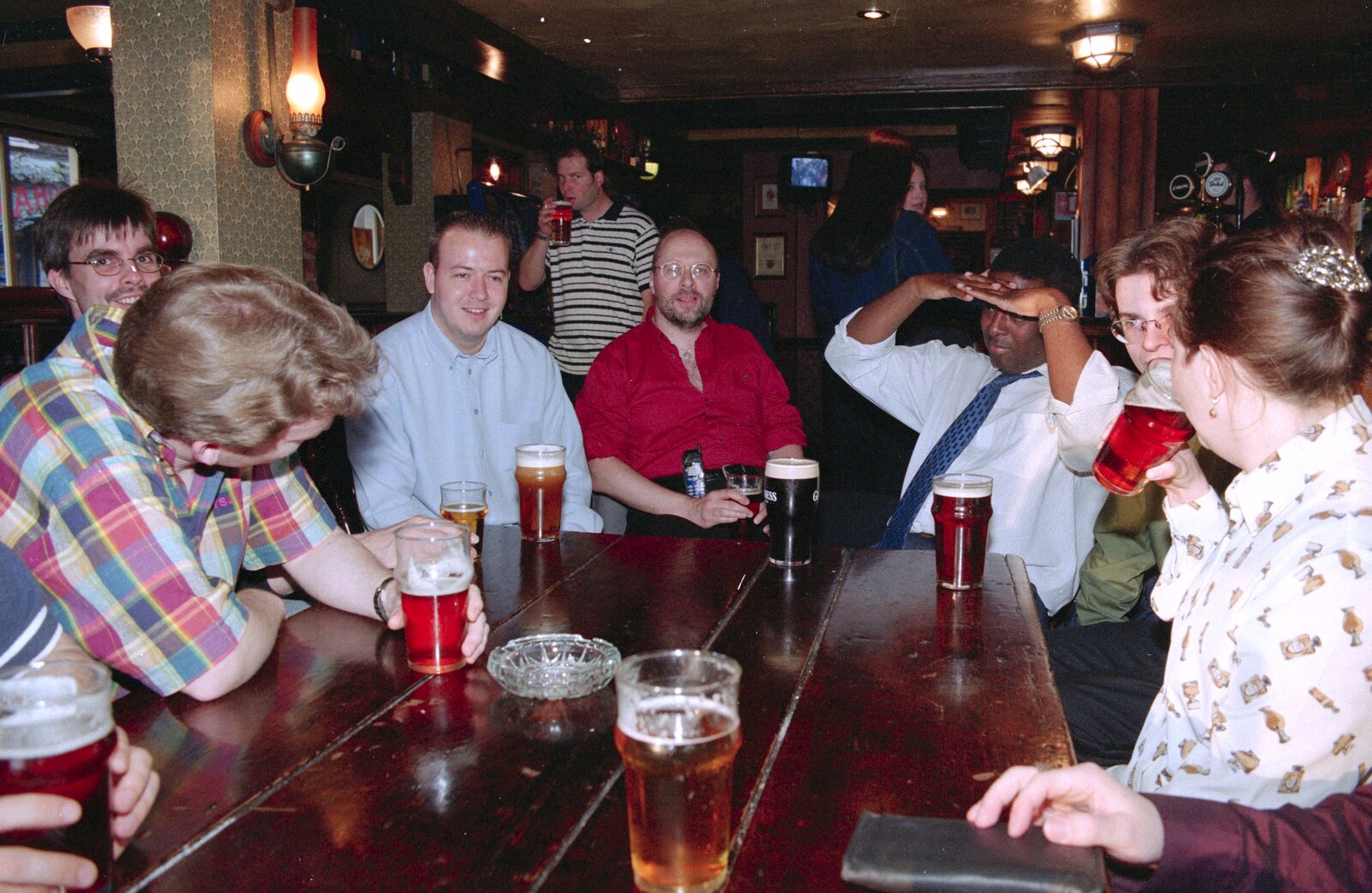 Joe, Dan, Julian, Rob, Carl, 'Macca P' and Lesley from CISU at the Dhaka Diner, Tacket Street, Ipswich - 25th May 2000