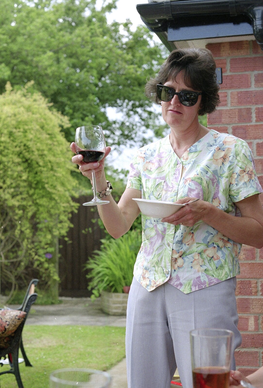 Jill with a glass of vino from Colin and Jill's Barbeque, Suffolk - 28th May 2000