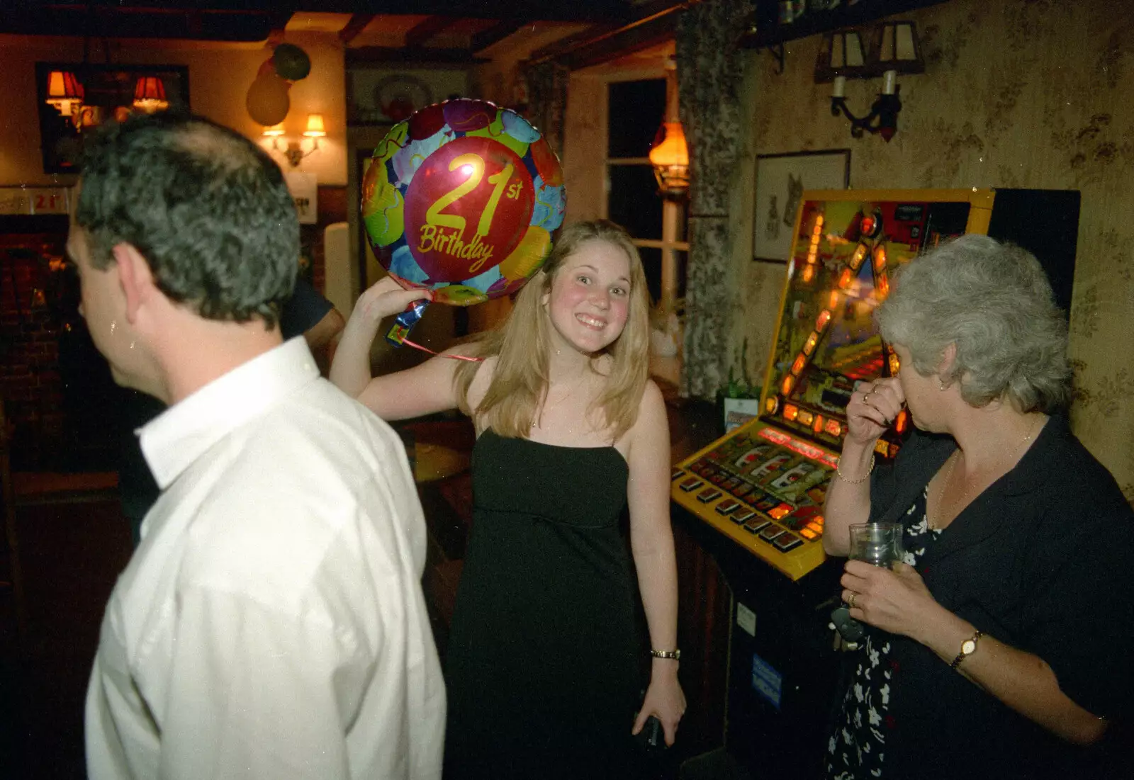 Lorraine takes her balloon for a tour of the pub, from Lorraine's 21st Birthday, The Swan, Suffolk - 10th June 2000