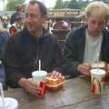 DH and Paul eat fast food. Paul looks a bit stuffed, A Trip to Alton Towers, Staffordshire - 15th June 2000