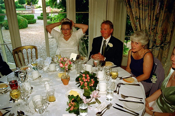 Helen makes some essential tiara adjustments from Helen and Neil's Wedding, The Oaksmere, Brome, Suffolk - 4th August 2000