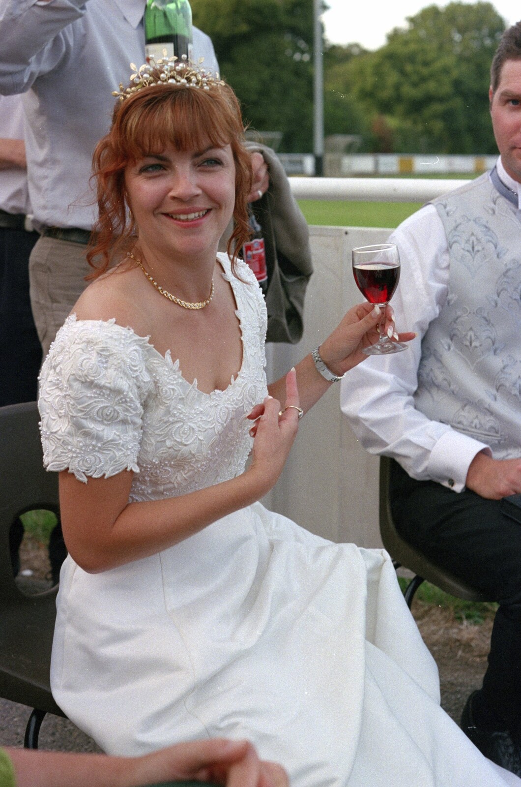 Michelle with a glass of wine from Sean and Michelle's Wedding, Bashley FC, New Milton - 12th August 2000