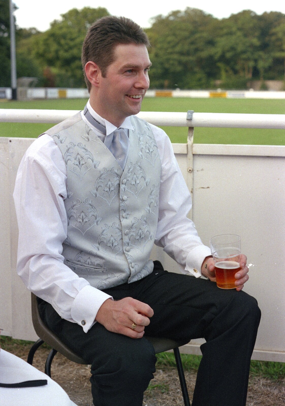 Sean has a beer from Sean and Michelle's Wedding, Bashley FC, New Milton - 12th August 2000