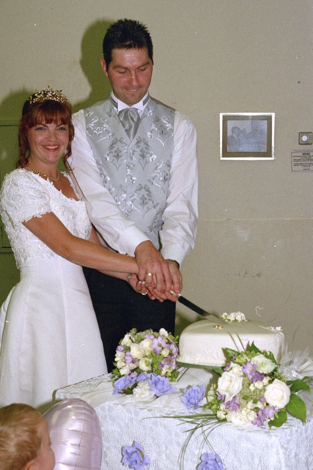 Michelle and Sean cut the cake from Sean and Michelle's Wedding, Bashley FC, New Milton - 12th August 2000