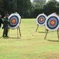 Checking the results of a post of archery, Kai's 2nd and a Bit of Archery, Hampshire and Suffolk - 13th August 2000