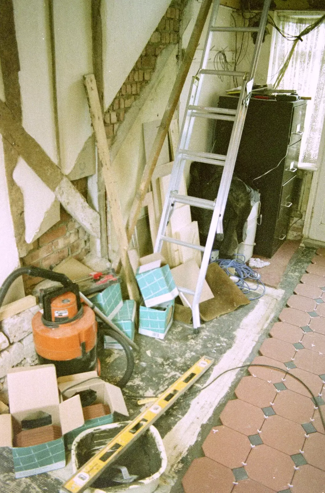 A pile of tile boxes where the old stairs were, from 3G Lab, and Building a Staircase, Brome, Suffolk - 11th February 2001