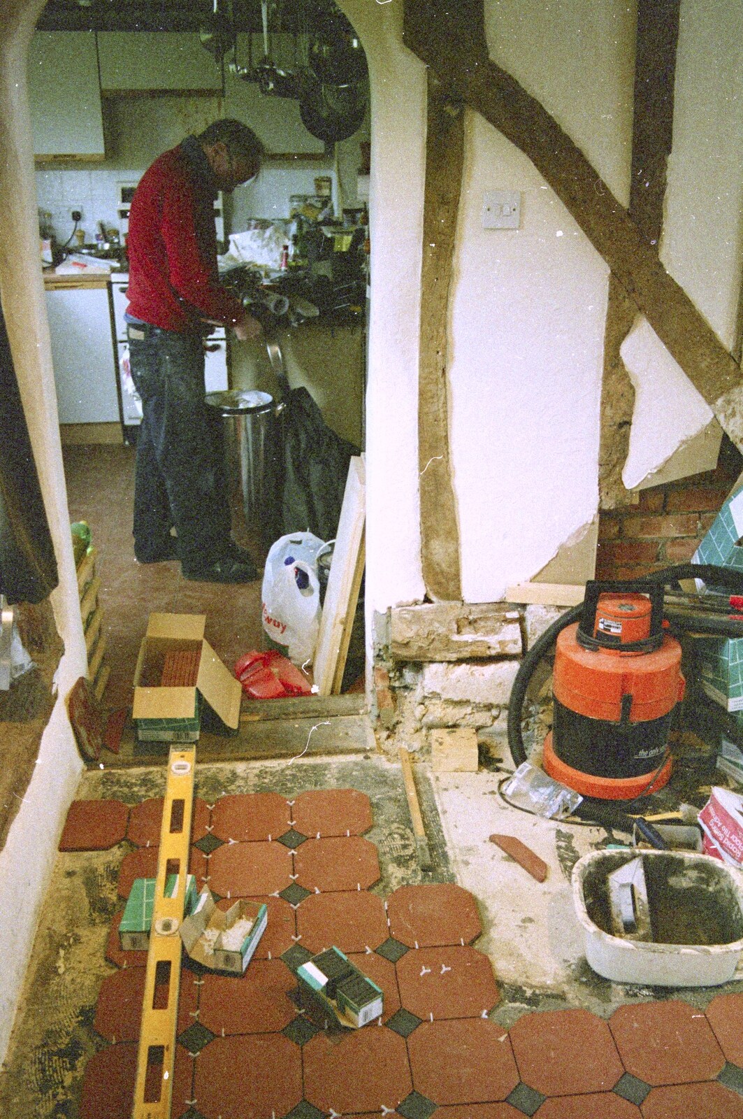 The Old Man potters around in the kitchen from 3G Lab, and Building a Staircase, Brome, Suffolk - 11th February 2001