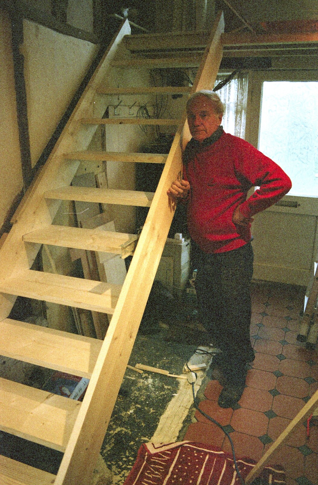 The Old Man stands next to our creation from 3G Lab, and Building a Staircase, Brome, Suffolk - 11th February 2001