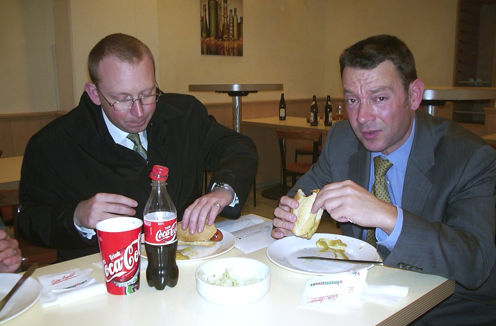 Julian and Dieter eat Bratwurst from The 3G Lab Press Tour: Munich, Germany - 14th March 2001