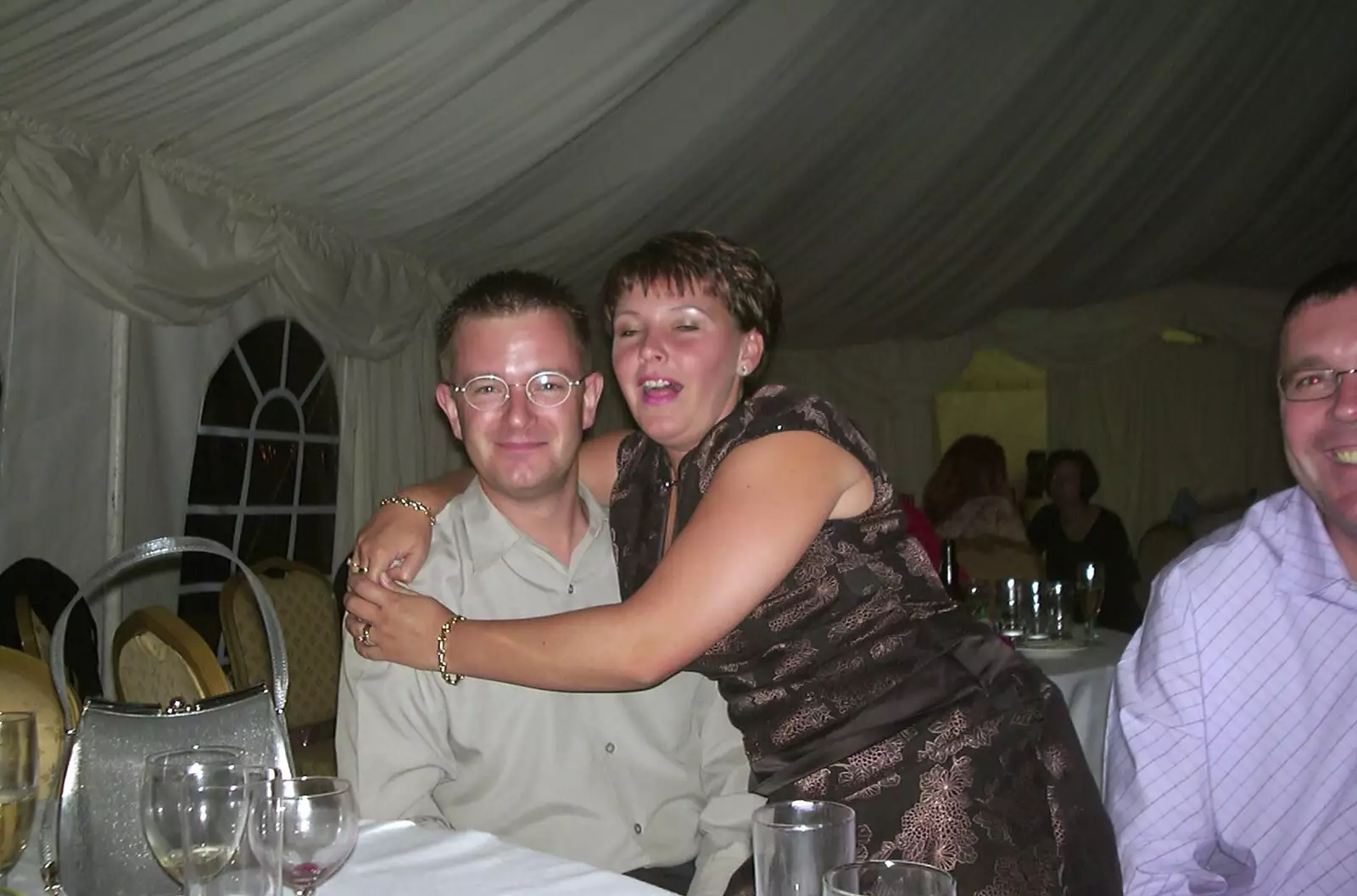 Nosher gets a hug from Mike's missus, from Genaya's Wedding Reception, near Badwell Ash, Suffolk - 20th May 2001