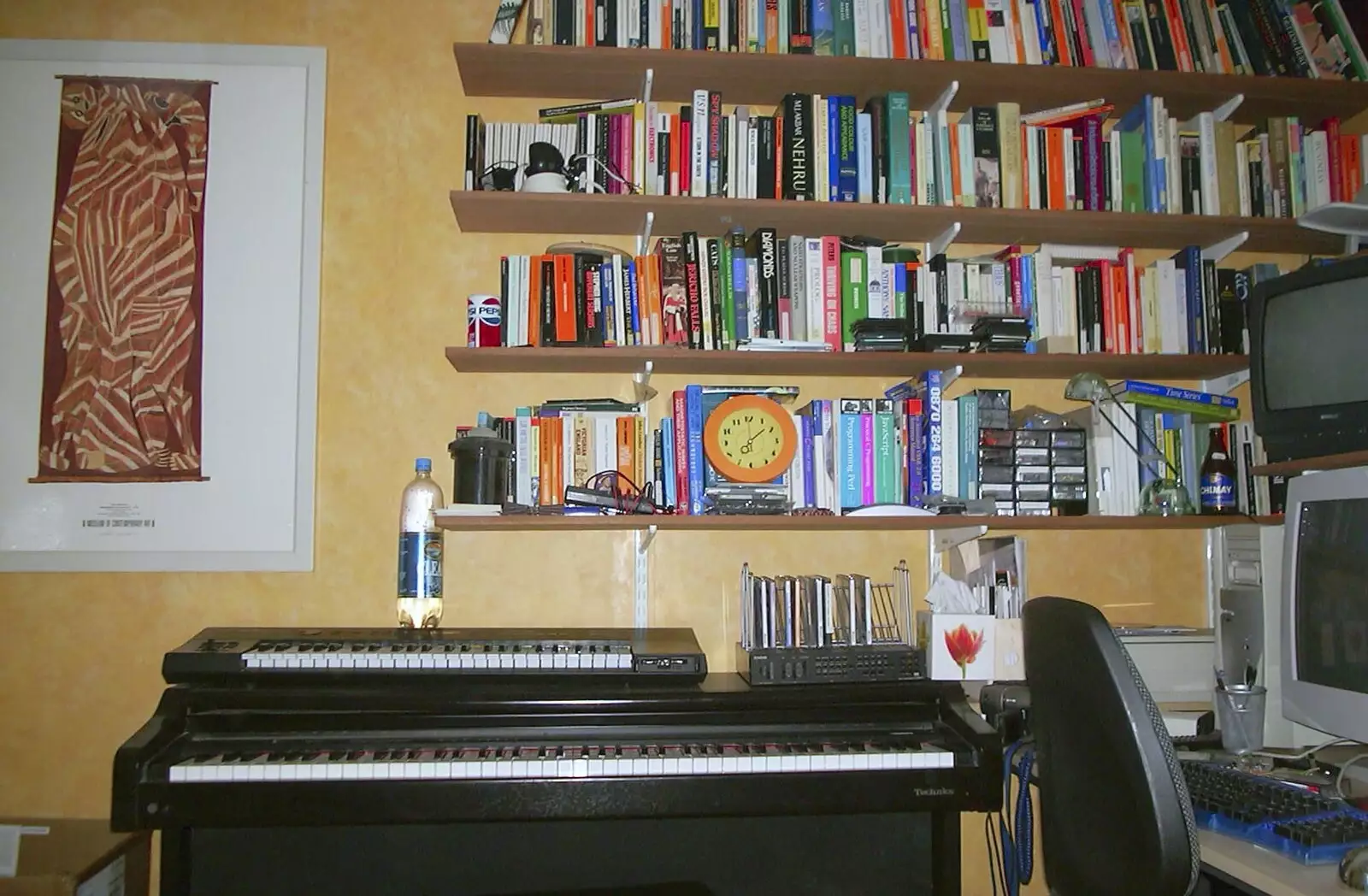 Piano, keyboard and bookshelves, from June Randomness, Brome, Suffolk - 15th June 2001