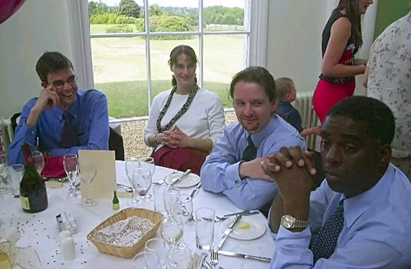 Dan, Becky, Fenton and Carl, from Phil and Lisa's Wedding, Woolverston Hall, Ipswich, Suffolk - 1st July 2001