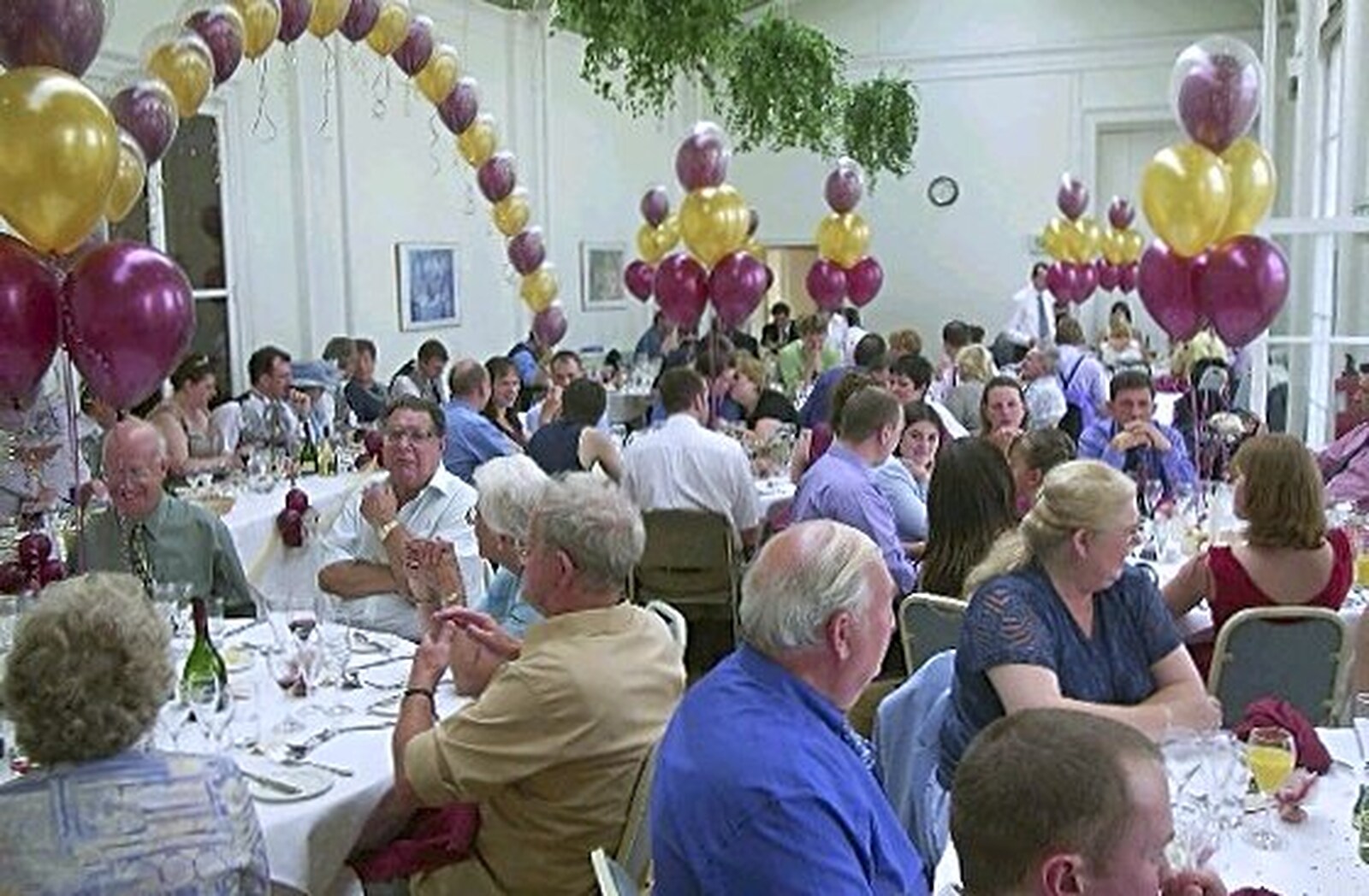 A room full of guests and balloons from Phil and Lisa's Wedding, Woolverston Hall, Ipswich, Suffolk - 1st July 2001