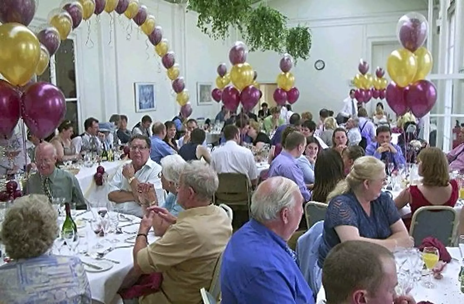 A room full of guests and balloons, from Phil and Lisa's Wedding, Woolverston Hall, Ipswich, Suffolk - 1st July 2001