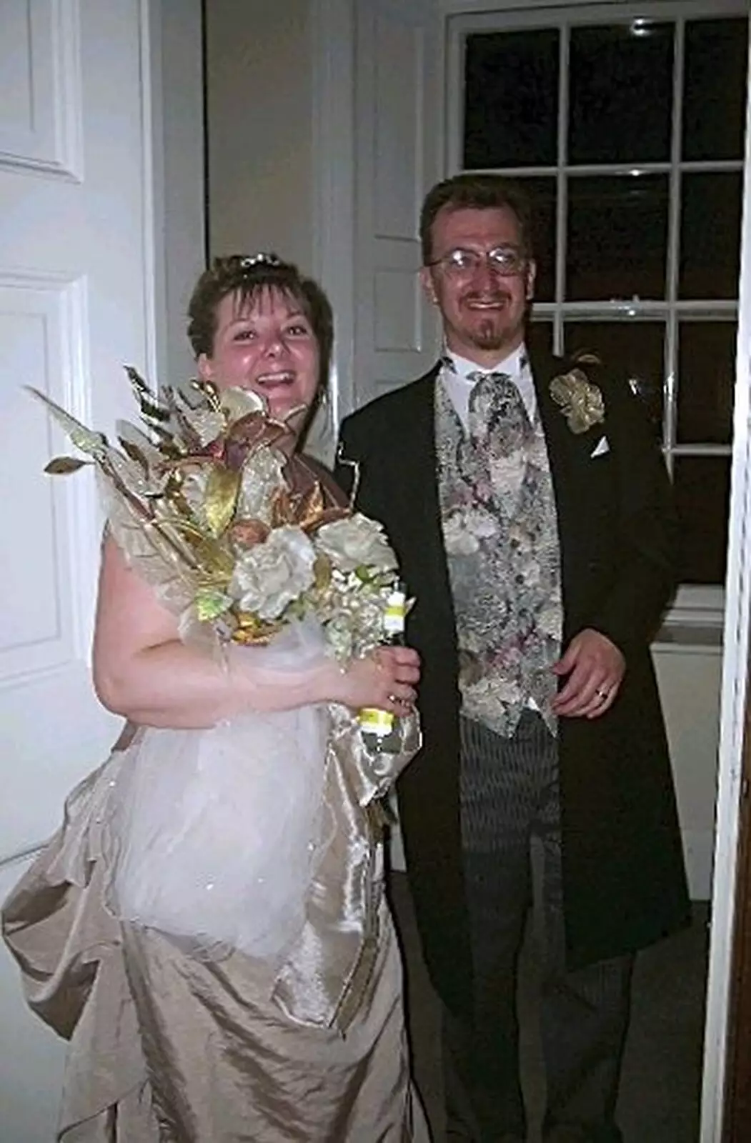 Lisa's got a bouquet of flowers, from Phil and Lisa's Wedding, Woolverston Hall, Ipswich, Suffolk - 1st July 2001