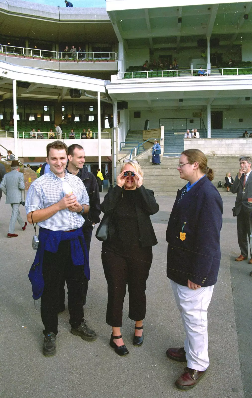 Dan, Yann, Michelle and Alex hang around, from 3G Lab Goes to the Races, Newmarket, Suffolk - 15th July 2001