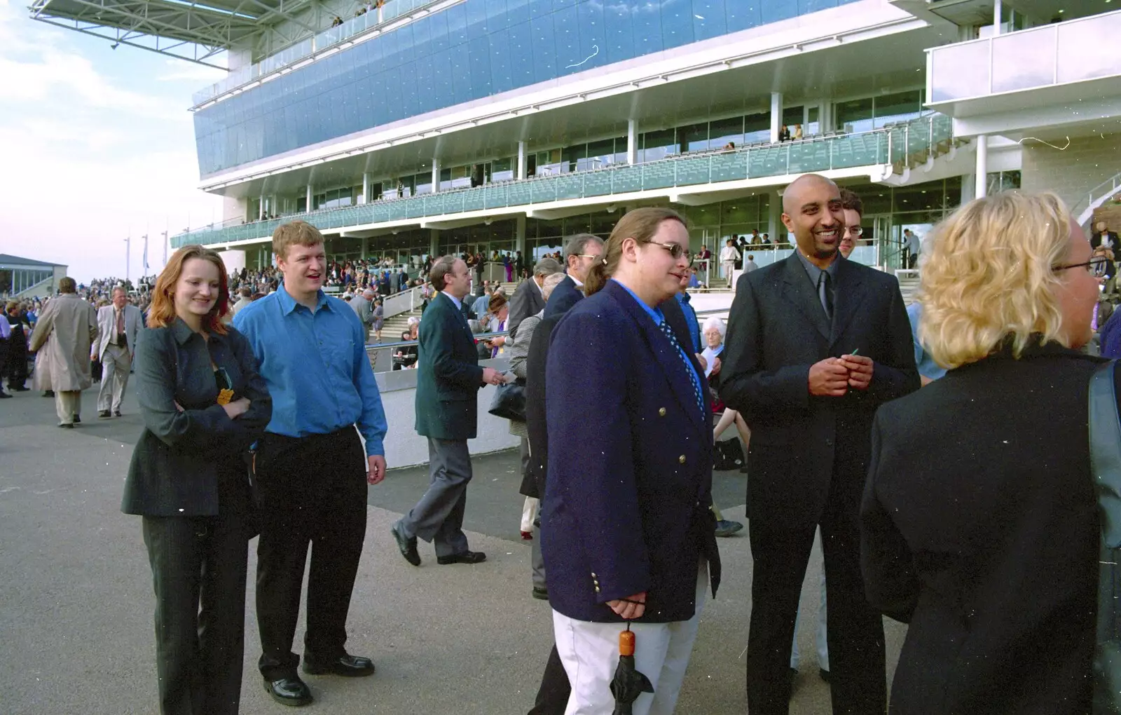 Adrian, Alex, Phil and the back of Michelle, from 3G Lab Goes to the Races, Newmarket, Suffolk - 15th July 2001