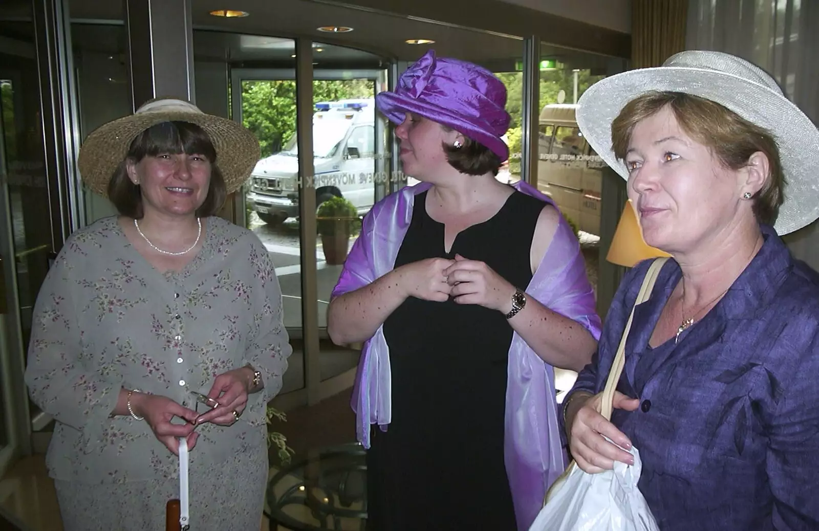 Caroline, Sis and Judith at the hotel, from Elisa and Luigi's Wedding, Carouge, Geneva, Switzerland - 20th July 2001