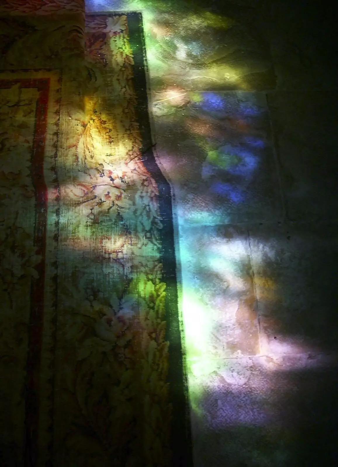 Stained glass casts coloured light on the floor, from A Short Holiday in Chivres, Burgundy, France - 21st July 2001