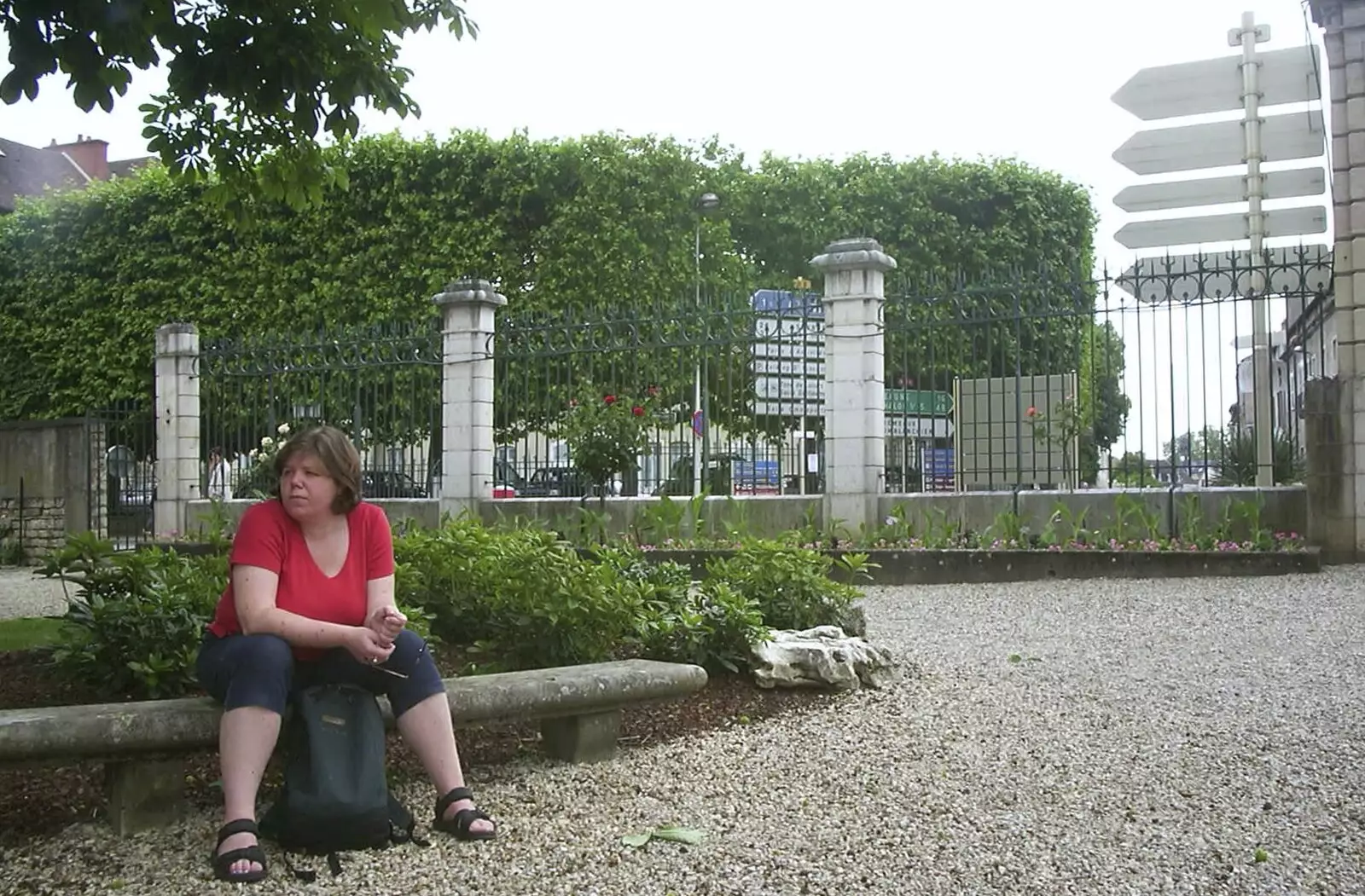 Sis sits on a low bench in Dijon, from A Short Holiday in Chivres, Burgundy, France - 21st July 2001