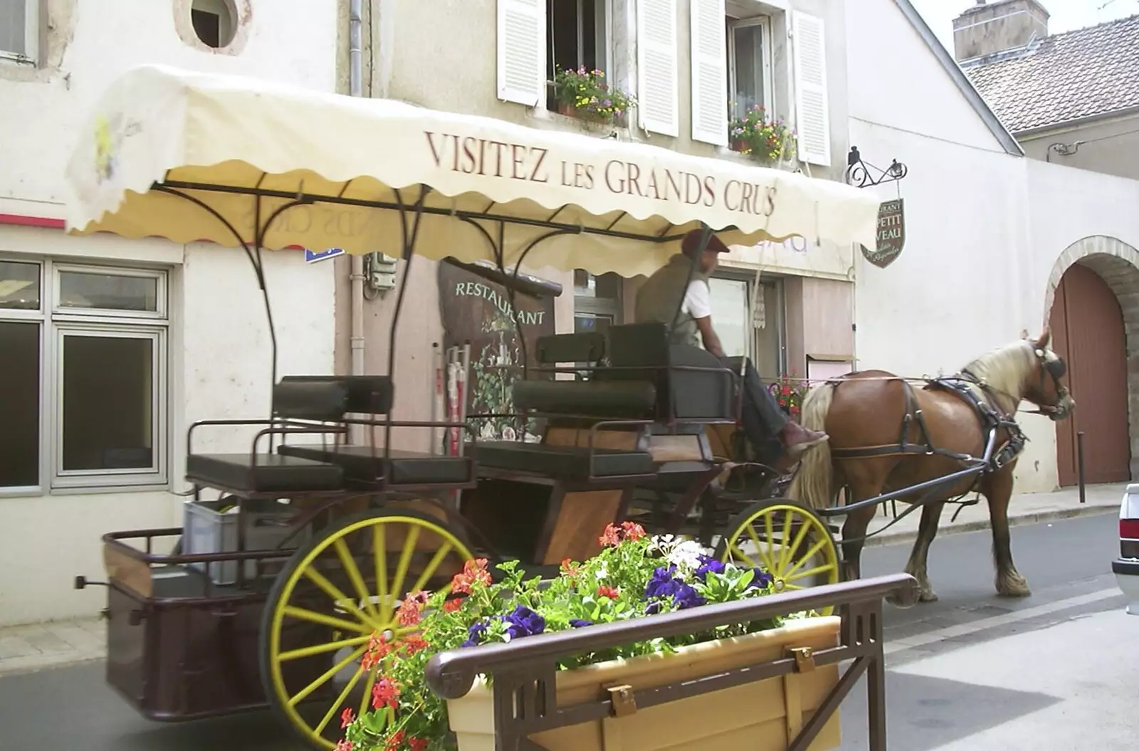 A wine-tours horse and cart trots by, from A Short Holiday in Chivres, Burgundy, France - 21st July 2001