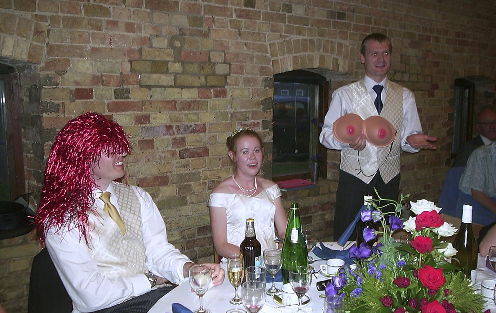Stef and Kath's 3G Lab Wedding, Ely, Cambridgeshire - 28th July 2001: Stef's got a wig, and the best man has some boobs