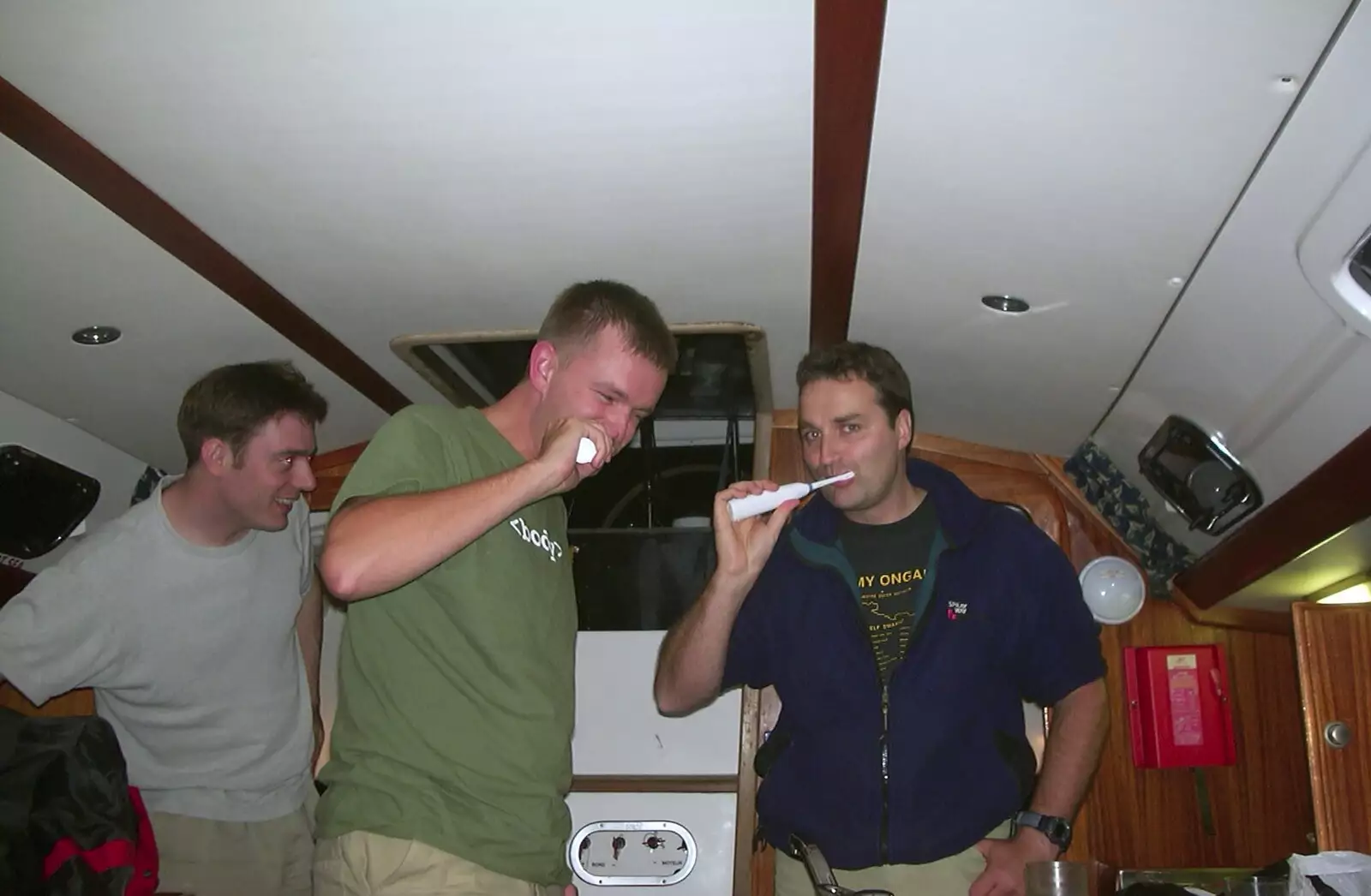 Nosher and Dan brush teeth, from A 3G Lab Sailing Trip, Shotley, Suffolk - 6th September 2001