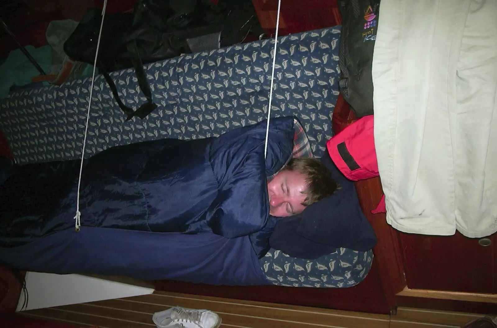 Paul's asleep and strapped in, from A 3G Lab Sailing Trip, Shotley, Suffolk - 6th September 2001