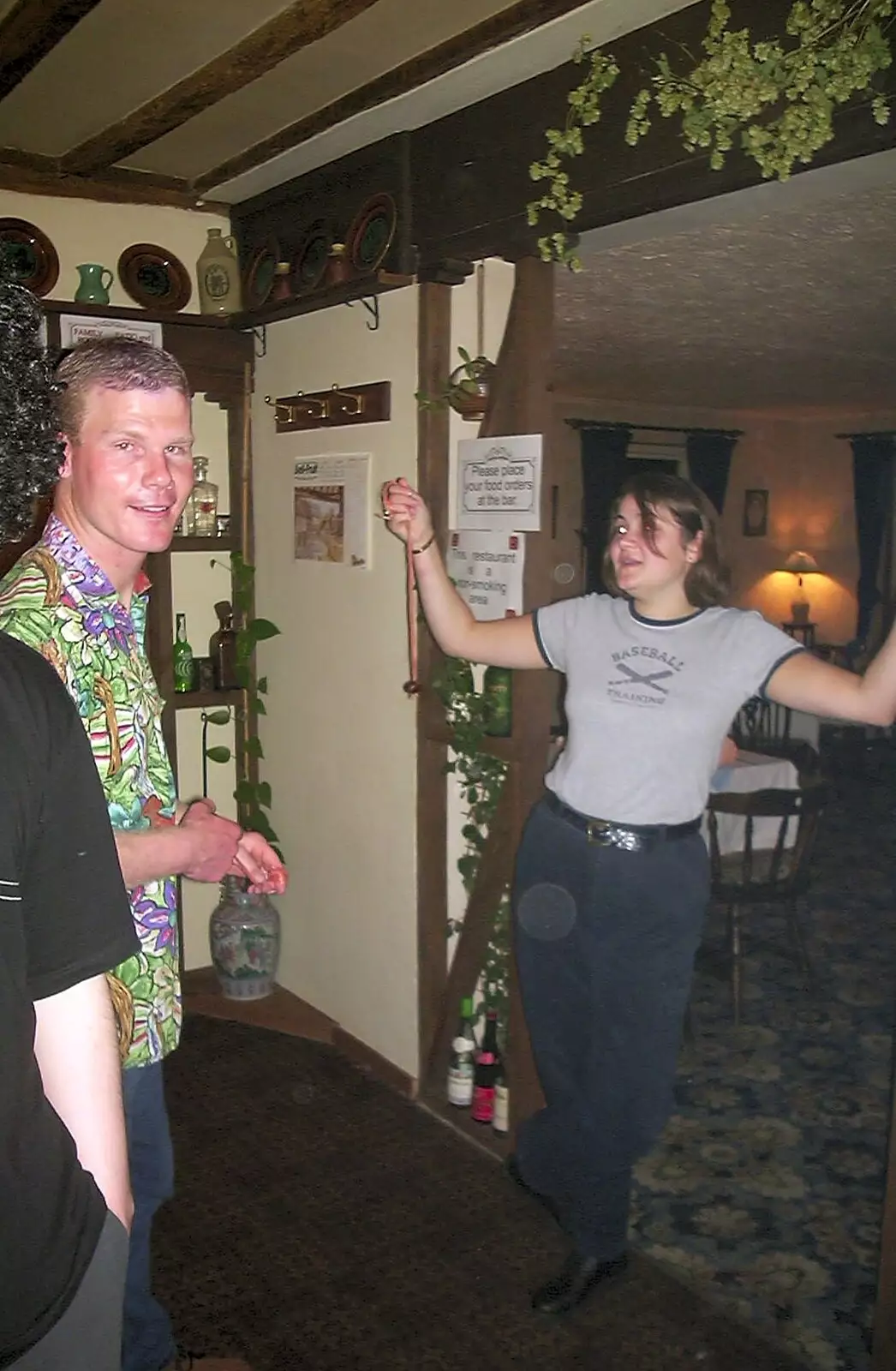 Claire sticks her arms up, from Conkers at The Swan Inn and 3G Lab Pizza, Cambridge - 10th October 2001